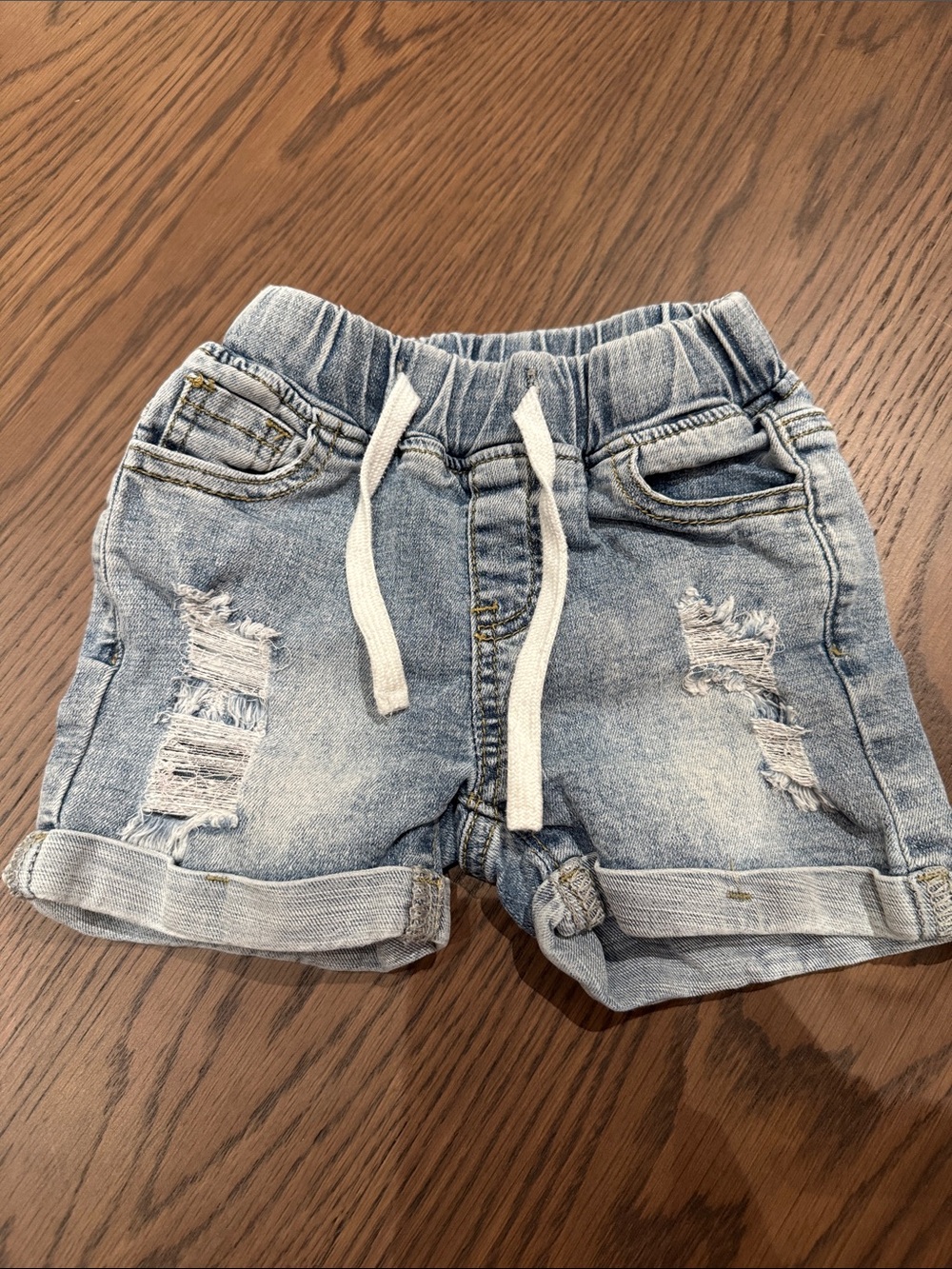 Little Bipsy Light Blue Distressed Denim Shorts with White Drawstring